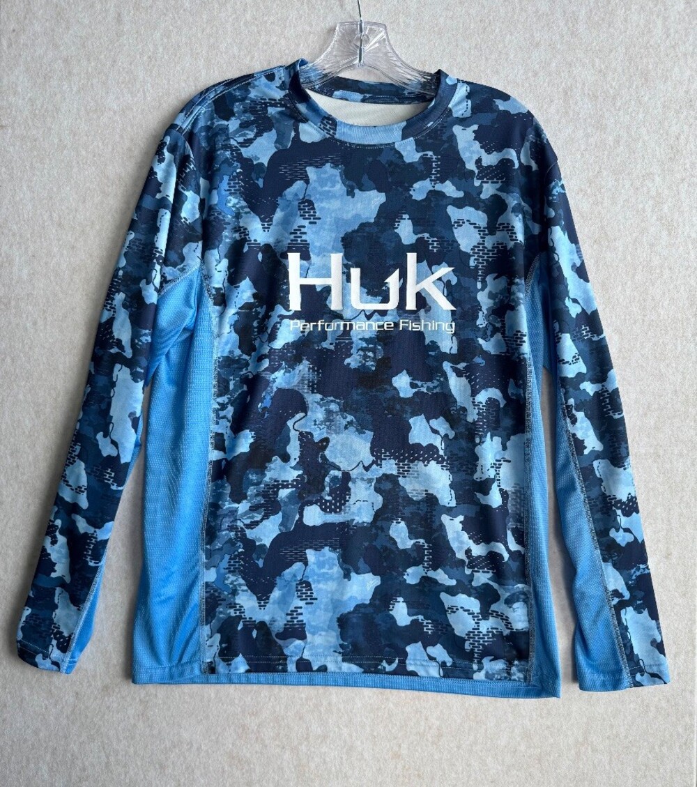 Huk Performance Fishing Men M Blue Camo Long Sleeve Pursuit Sun Shirt UPF